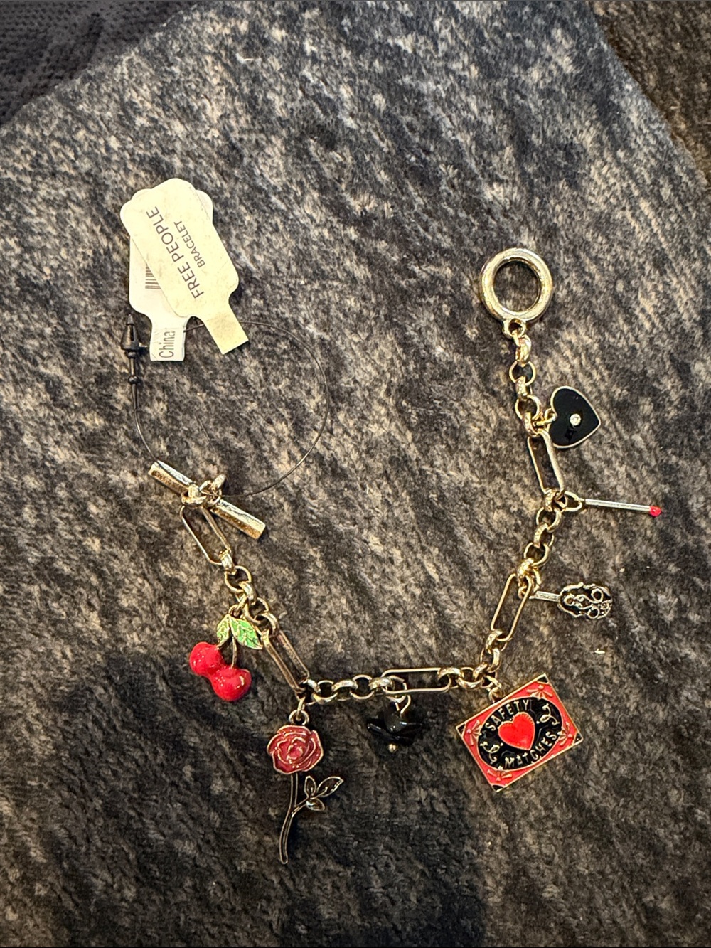 Free People Gold Charm Bracelet with Red Cherry, Rose & Black Accents